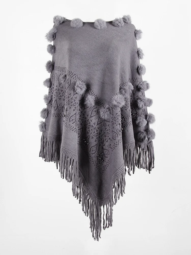 Simple Tassel Knitted Round-Neck Shawl Sweater