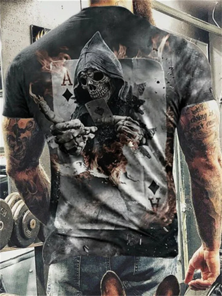 Fashion Summer Handsome Skull 3D Digital Printing Men's Loose Sports Short-sleeved Round Neck T-shirt