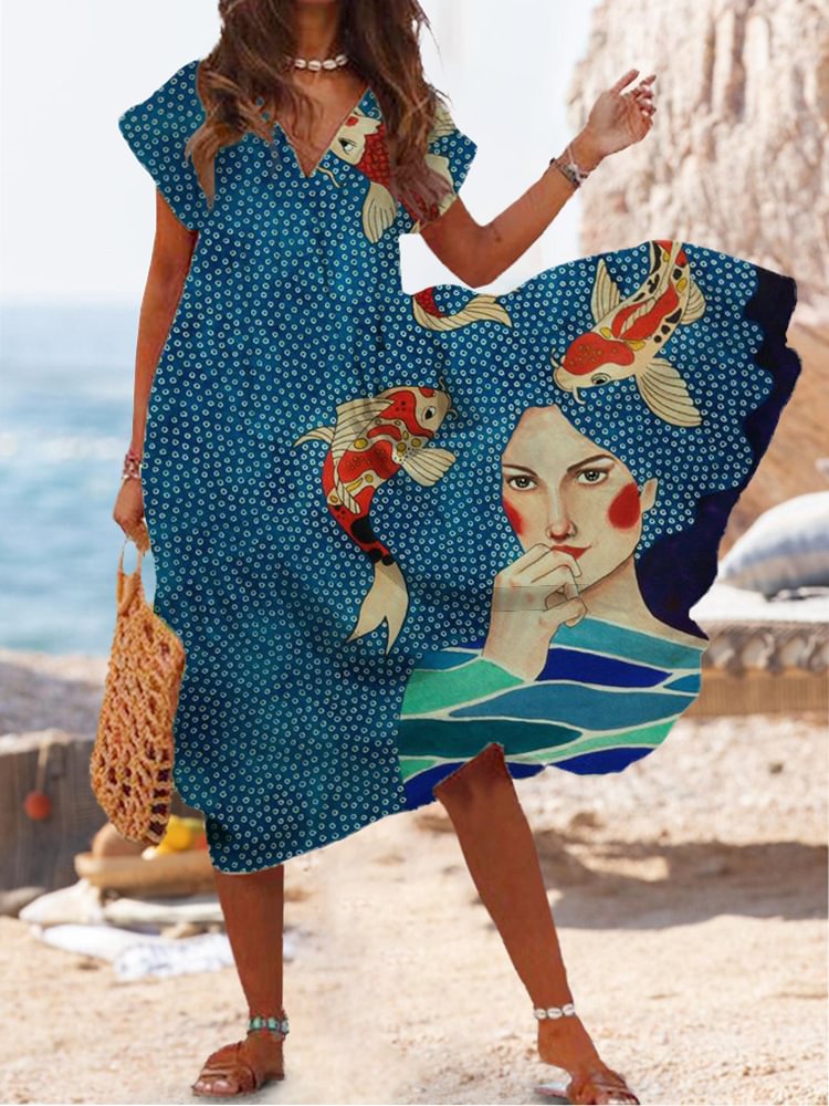 New V Neck Loose Print Dress P159452300
