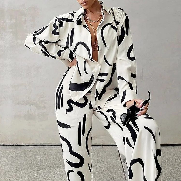 Women's fashion black and white printed long-sleeved shirt high-waisted wide-legged trousers_ ecoleips_old