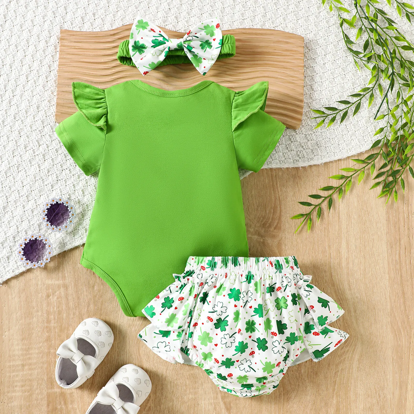 【0M-18M】Girls' Stylish Clover Letter Print Bodysuit Set
