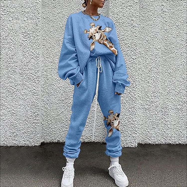 Comstylish Loose Giraffe Print Sweatshirt Two Piece Set