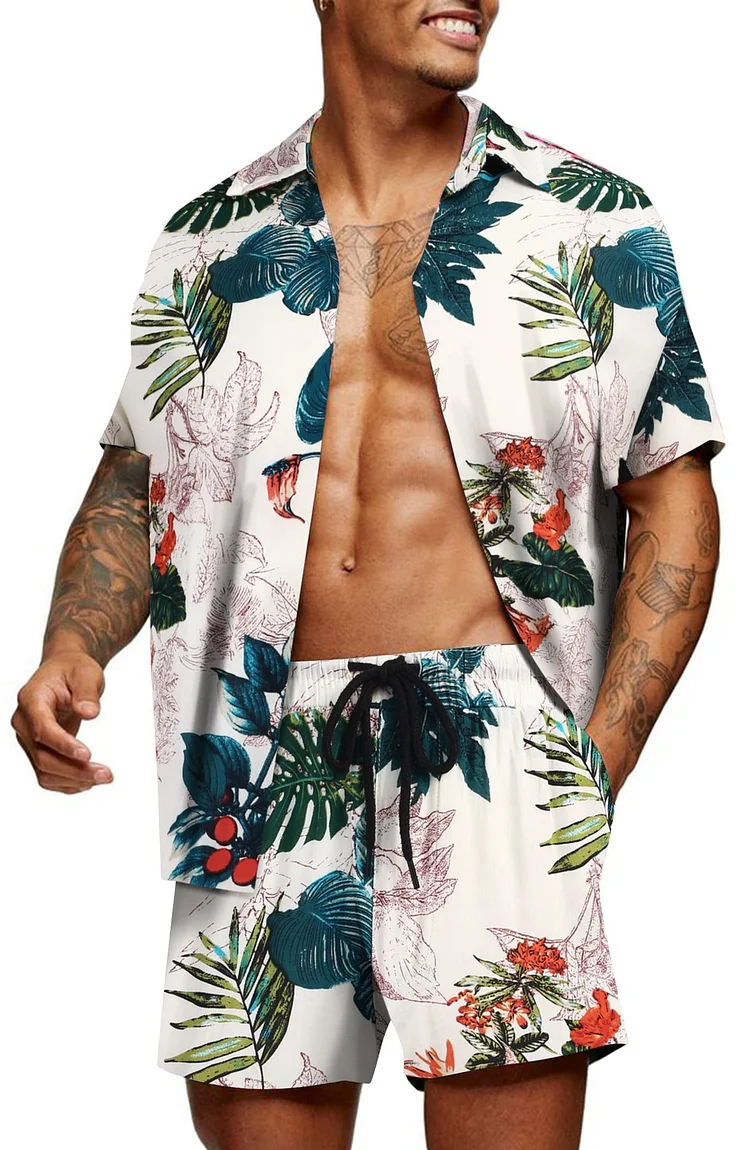 Men's Clothing Summer Digital Printed Men's Floral Shirt Hawaiian Casual Button Short Sleeve Cardigan Suit_ ecoleips_old