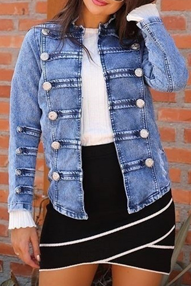 Casual Solid Beading Cardigan Collar Long Sleeve Straight Denim Jacket - Life is Beautiful for You - SheChoic