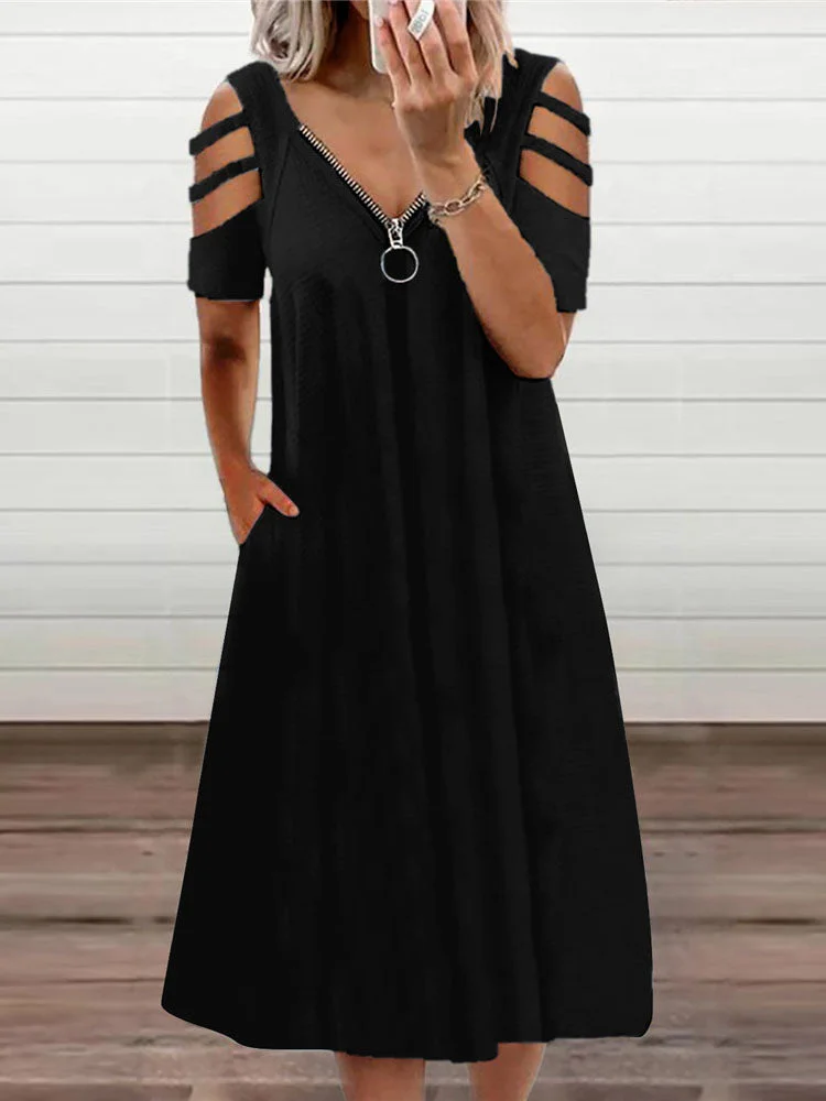 Sexy V-neck Zipper Solid Color Short Sleeve Dress socialshop