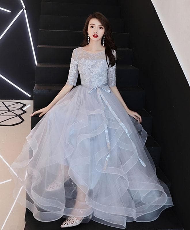 Gray Tulle Lace Long Prom Dress, Gray Tulle Formal Dress
