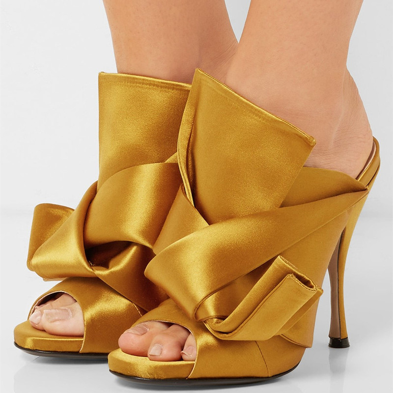 Mustard Satin Tie Mule Heels Peep Toe Prom Heels US Size 315FSJshoes