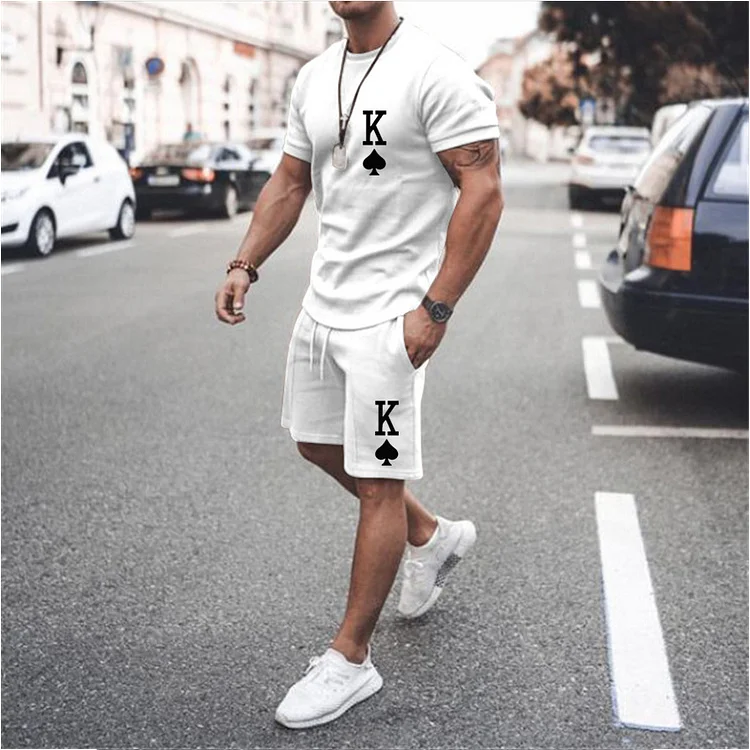 BrosWear Men's Casual Short Sleeve T-shirt Poker King Printed Two-piece Set