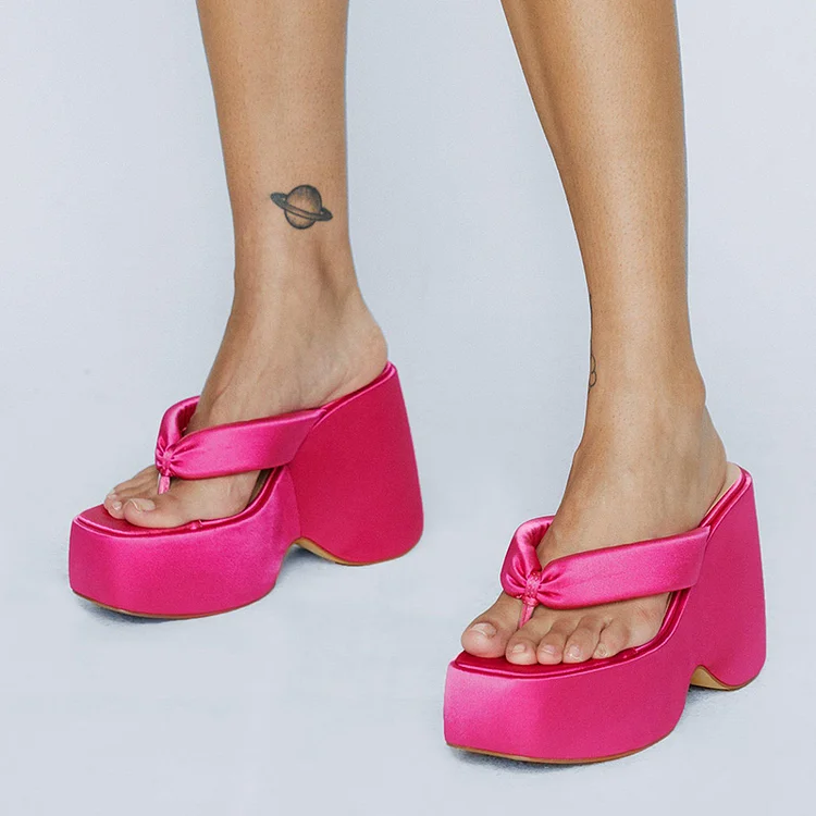 Hot Pink Satin Flip Flops Square Toe Chunky Heel Platform Mules |FSJ Shoes