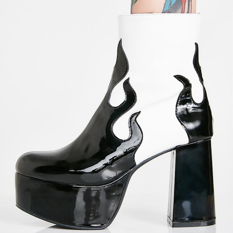White and Black Platform Boots Chunky Heel Ankle Booties |FSJ Shoes