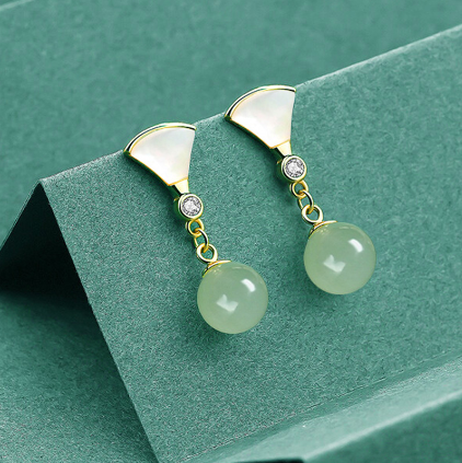 High Standard Elegant S925 Silver Hetian Jade and Mother of Pearl Earrings - Beautiful Stud Earrings for Women, Perfect Birthday or Mother's Day Gift