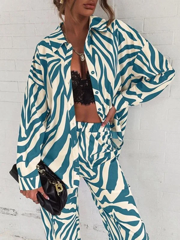 Plus Size Zebra-Stripe Buttoned Lapel Long Sleeves Blouses Top + Elasticity Pants Bottom Two Pieces Set