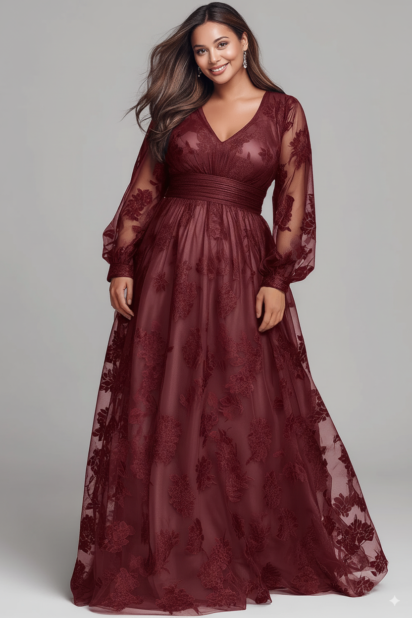 Flycurvy Plus Size Mother Of The Bride Burgundy Lace Lantern Sleeve Maxi Dress- Flycurvy Flycurvy Plus Size Mother Of The Bride Burgundy Lace Lantern Sleeve Maxi Dress- Flycurvy