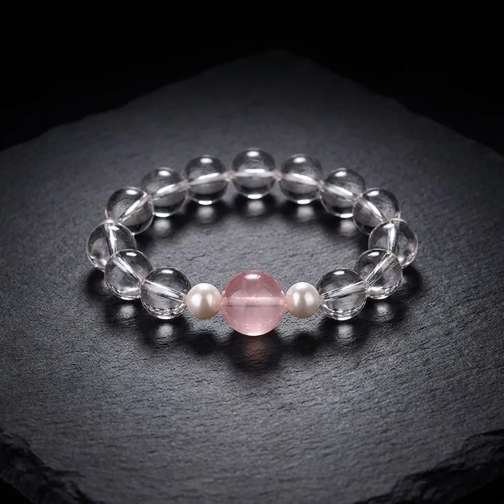 JiStones Ethereal Luminescence: Natural Crystal & Gemstone Beaded Bracelet Collection Blush & Pure Clarity (12mm/10mm)