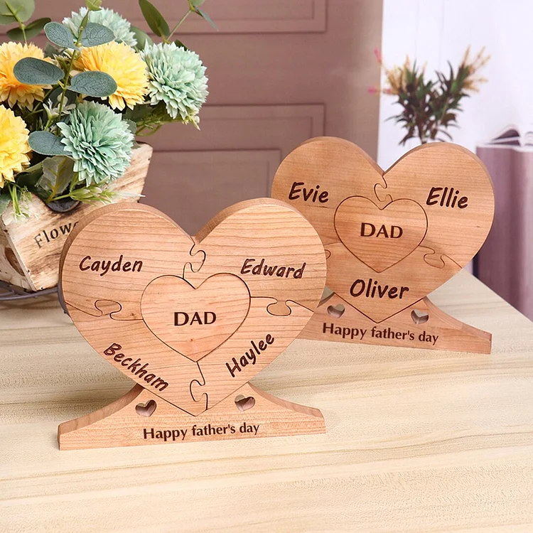 Personalized Wooden Heart Puzzle Engraved 5 Names Family Gifts