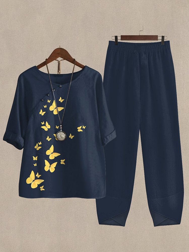 Hot Stamped Butterfly Print Casual Two Piece Set socialshop