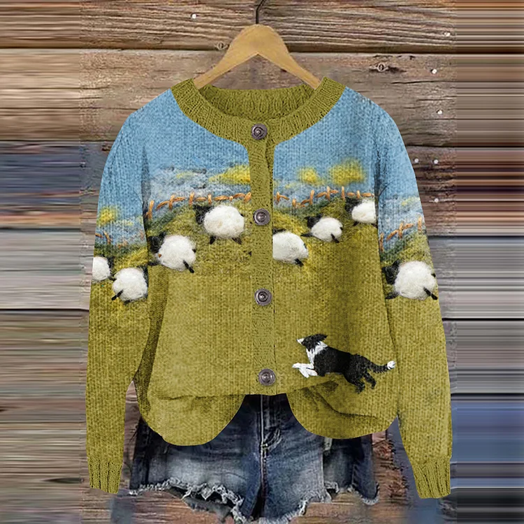 VChics Cute Sheep And Shepherd Dog Cozy Knit Cardigan