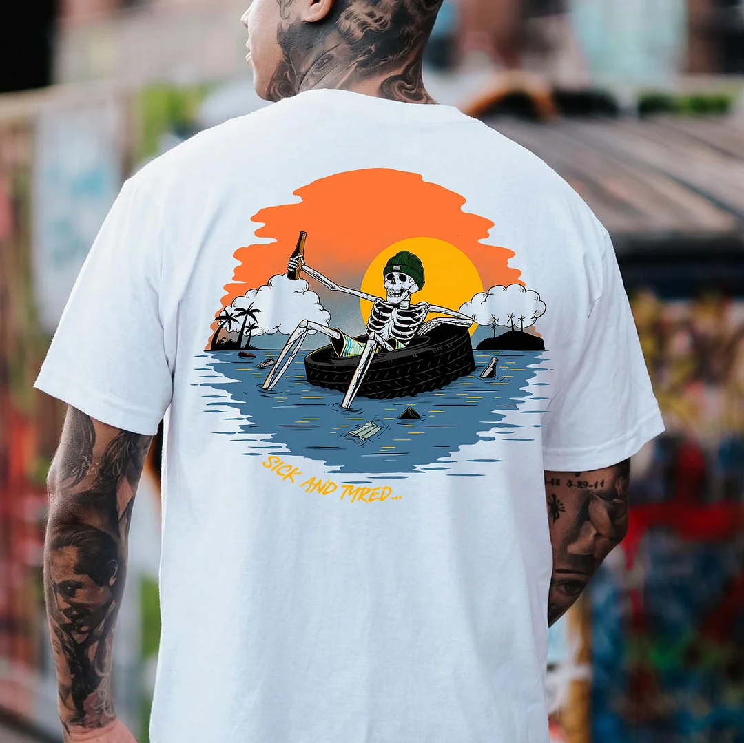 Skull Drinking on the Sea Happy Time White Print T-shirt