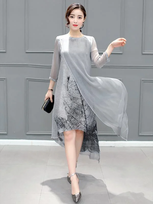 Gray Chinoiserie Traditional Eugenia Midi Dress