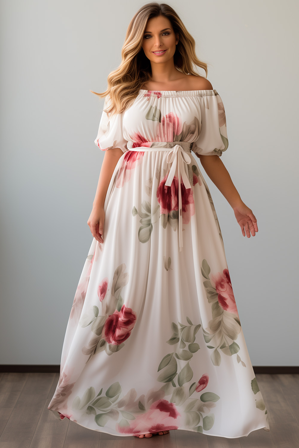 Flycurvy Plus Size Wedding Guest White Chiffon Floral Print Off The Shoulder Puff Sleeve Maxi Dress