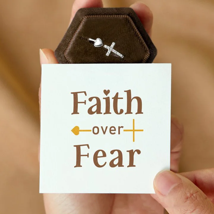 Cross Ring with Heart Faith Open Ring "Faith Over Fear"