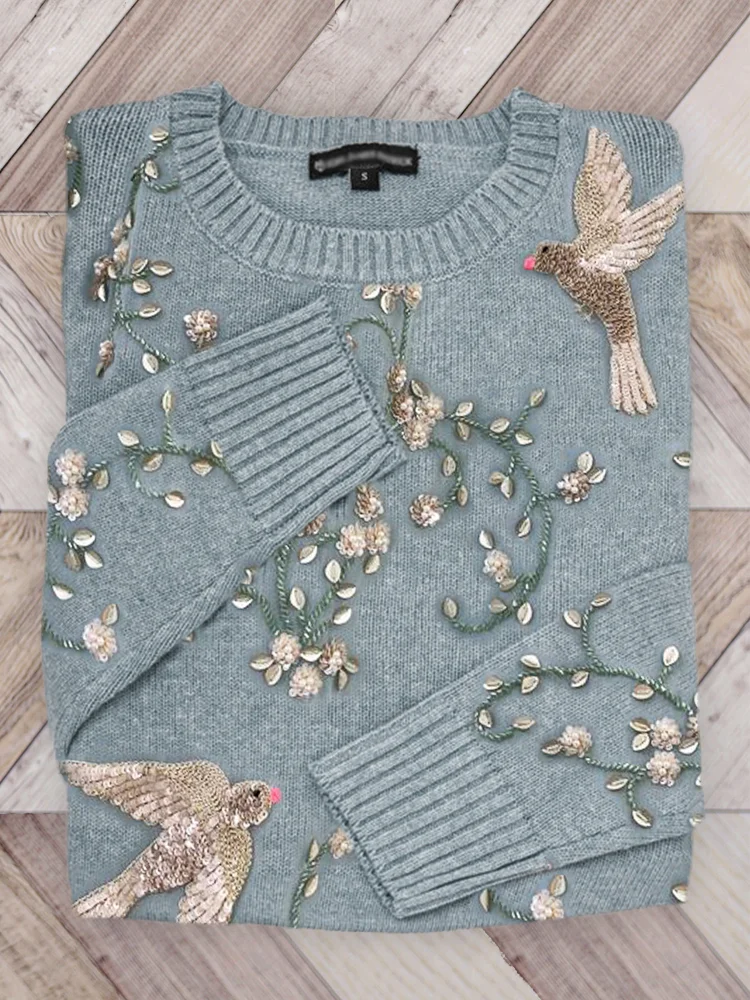 Birds Floral Glitter Beaded Sequin Embroidered Knit Sweater