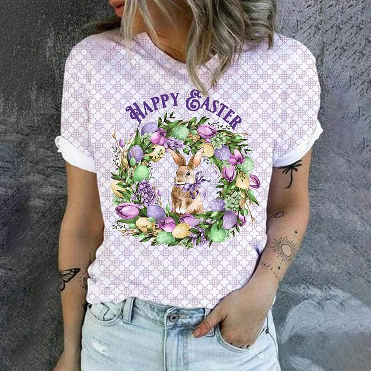 Comstylish Happy Easter Rabbit Print Short Sleeve T-shirt