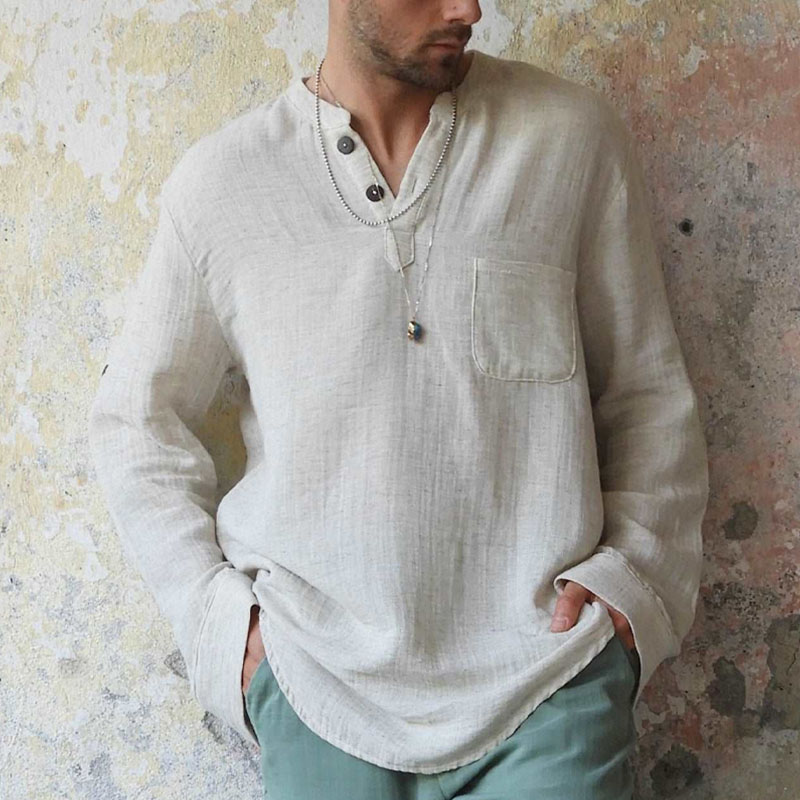 Men's Beige Natural Linen Henley Collar Shirt