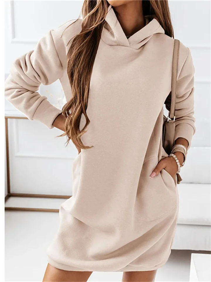 Autumn and Winter Solid Color New Loose Waist Women's Hooded Hipster Long Sleeve Solid Color Long Sweater-JRSEE