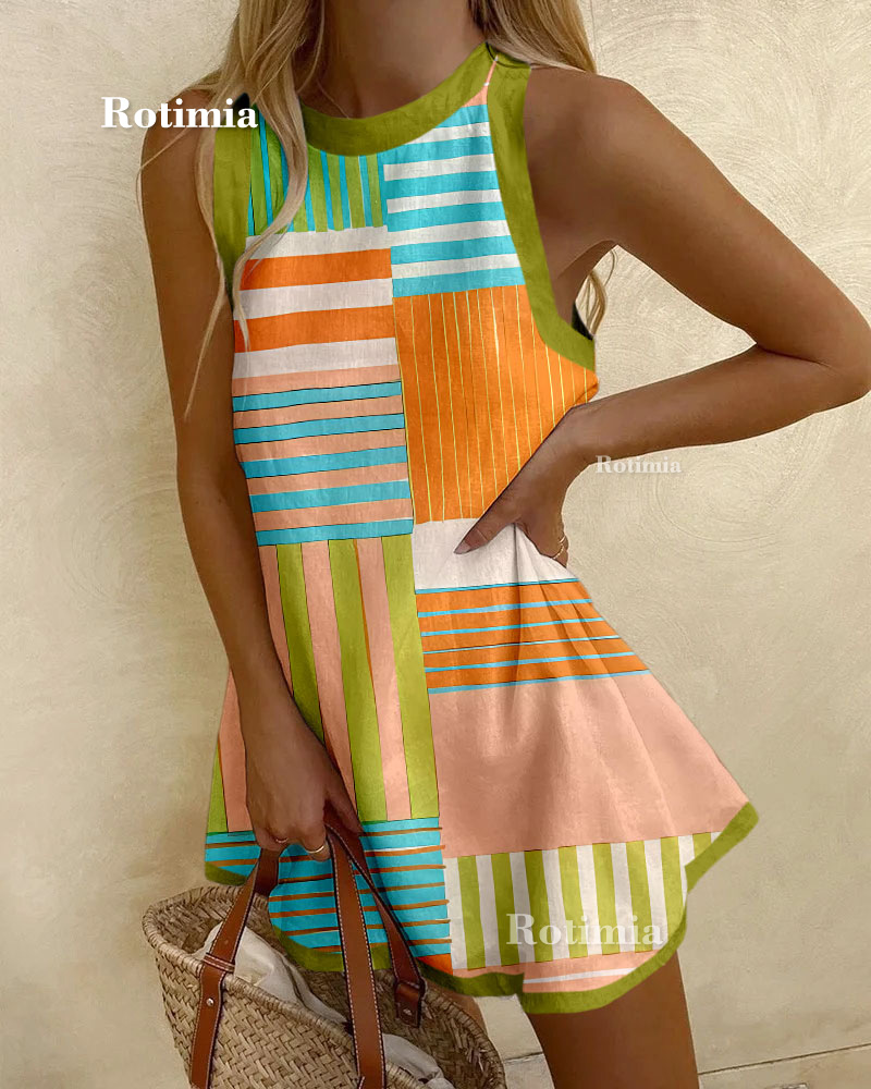 Color Matching Stripe Print Mini Dress