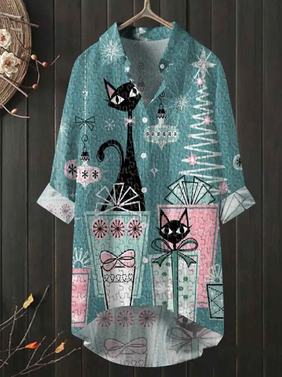 Women's Christmas Cat Art Long Shirt