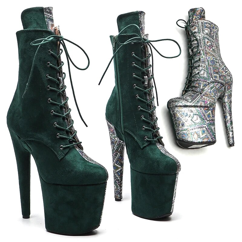 TAAFO 20CM/8Inch Genuine Leather With Green Suede Material Platform Disco Party High Heels Pole Dance Boot