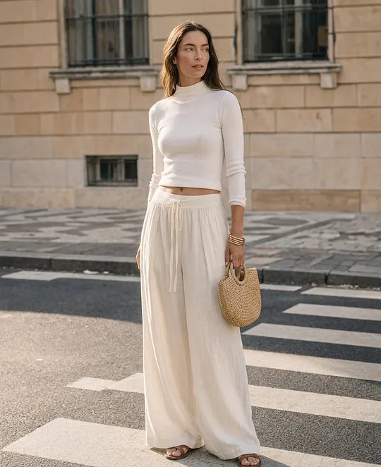 Women's Casual Beige Long-sleeved Knit Top Paired With Cotton-linen Trousers MD