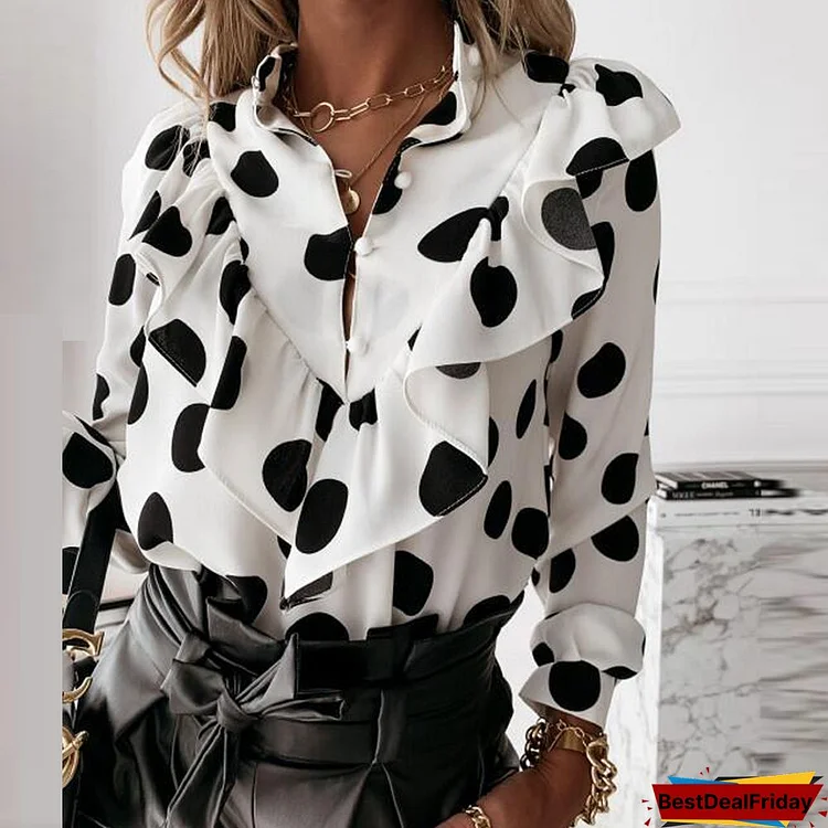 Elegant Polka Dot Ruffle blouse shirts Women Autumn Long Sleeve V-Neck Pullover Tops