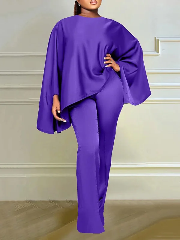 Solid Color Long Sleeves Mock Neck Batwing Sleeves Shirts Top&Pants Bottom Two Pieces Set