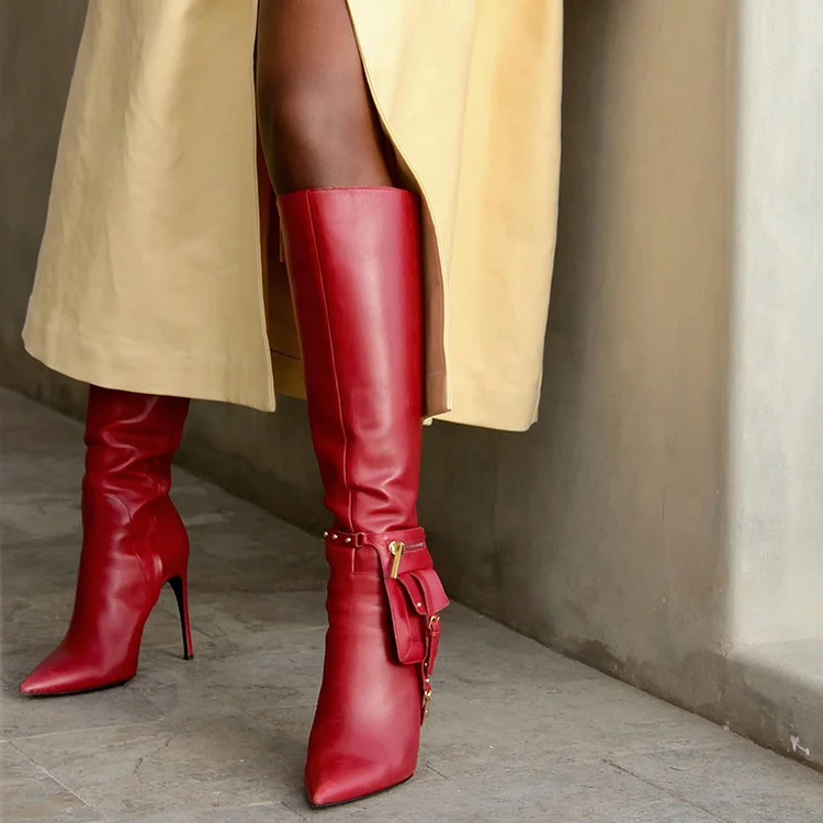Red Pointed Toe Below The Knee Pocketed High Heel Boots |FSJ Shoes