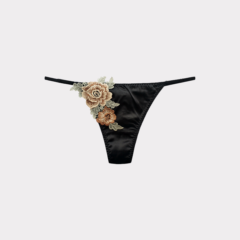 Roses Decoration G-string Silk Thong Panties REAL SILK LIFE