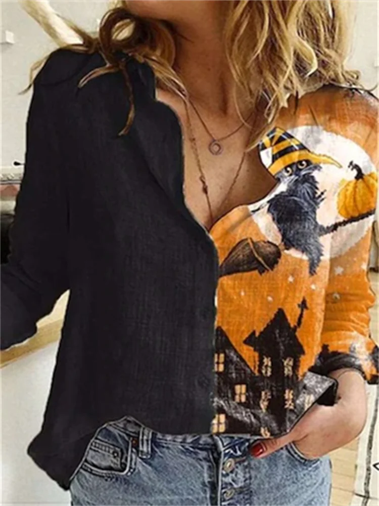 Halloween Cat Witch Contrast Color Blouse