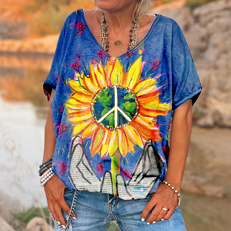 Women's Peace Sunflower Floral V-Neck Print Top socialshop