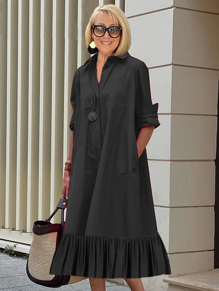 Black Loose Long sleeve Shirt Collar Plain A-Line Shirt Dress VangoghDress