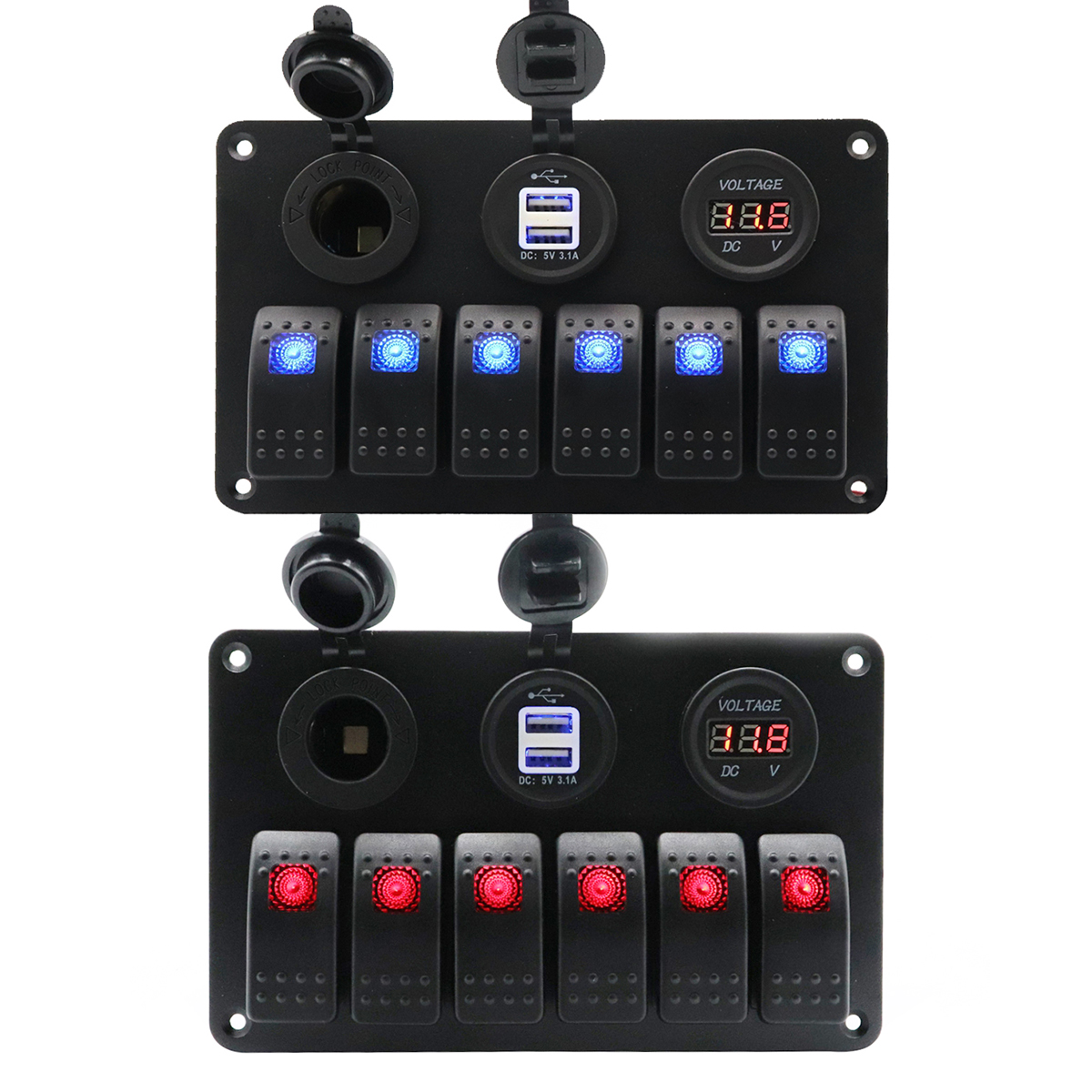 6 Gang LED Rocker Switch Panel with Dual USB Charger Voltmeter 12V Outlet, Blue, 501 Original
6 Gang LED Rocker Switch Panel with Dual USB Charger Voltmeter 12V Outlet, Blue, 501 Original