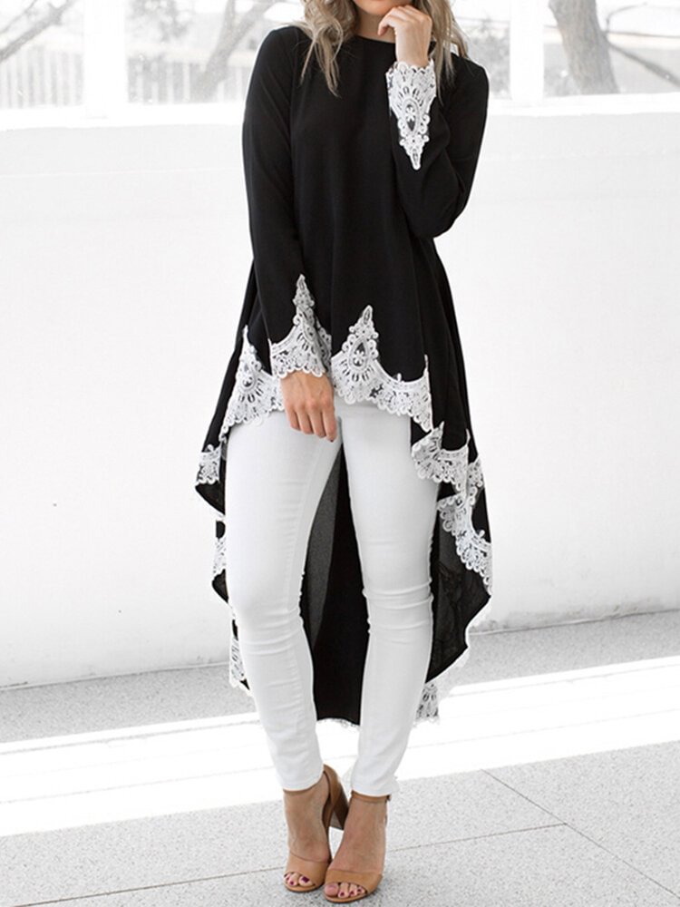 Solid Color Lace Edging Long Sleeve Irregular Blouse P1716823