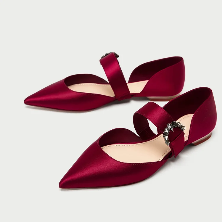 Women's Red Satin Pointy Toe Flats Crystal Buckle Mary Jane Shoes |FSJ Shoes