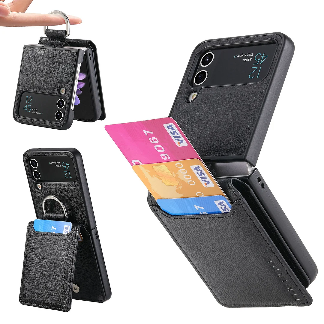 Magnetic Leather Phone Case With 3 Cards Slot,Kickstand And Finger Ring For Galaxy Z Flip3/Z Flip4/Z Flip5