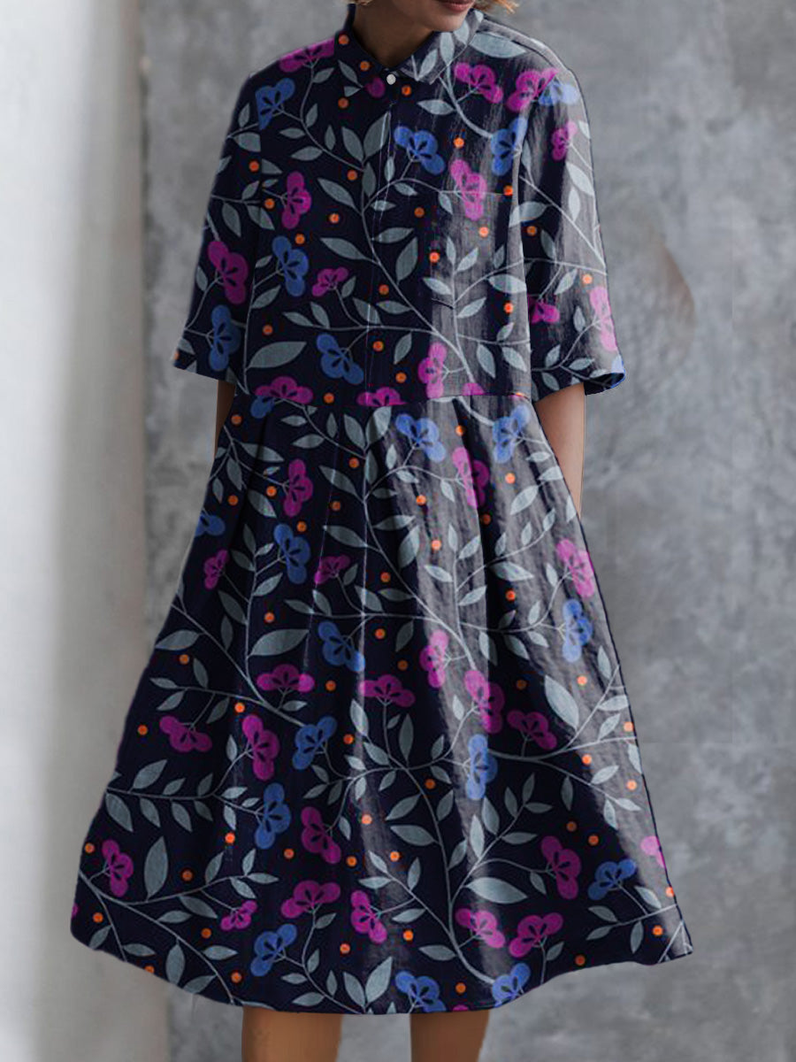 Petite Midnight Floral Pattern Printed Women's Pocket Cotton Dress