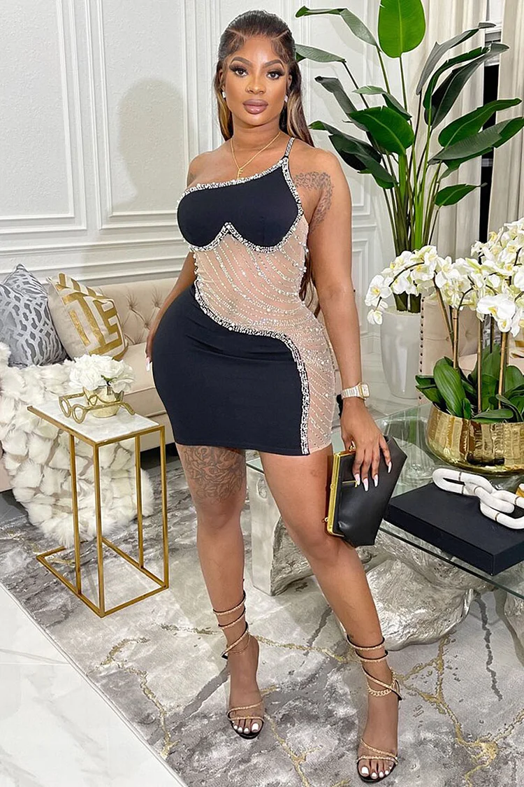 Rhinestone Mesh Patchwork Colorblock One Shoulder Straps Birthday Party Mini Dresses
