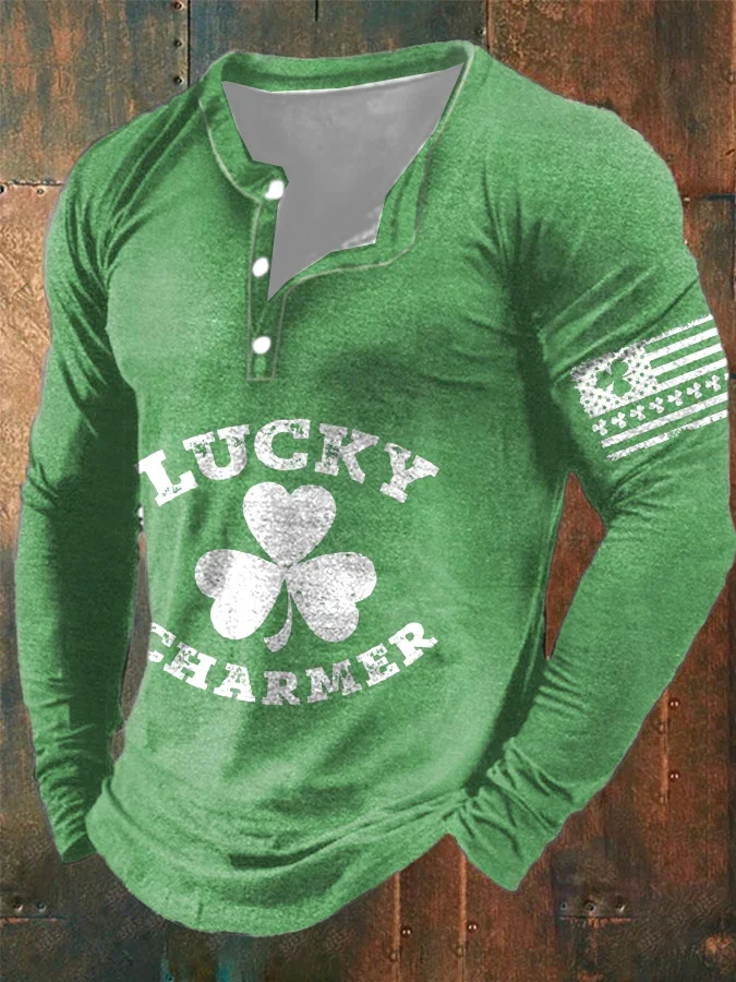 Men's Lucky Charmer Clover Print Long Sleeve Henley Shirt