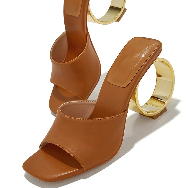 Women's Brown Square Toe Sculptural Heel Mules Shoes |FSJ Shoes