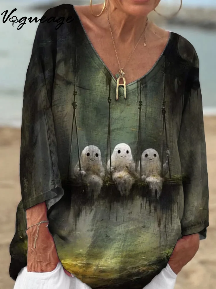 Three Cute Ghosts Swinging On The Swing Printed Cotton And Linen Shirt