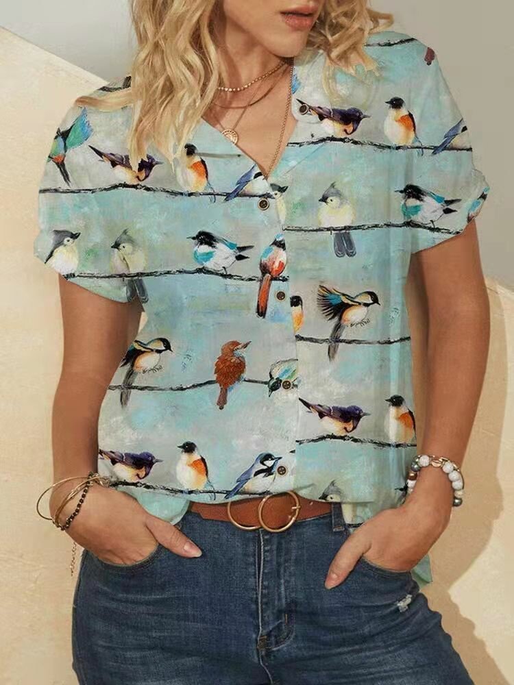 Birds Stripe Print Short Sleeve Stand Collar Blouse For Women P1842997